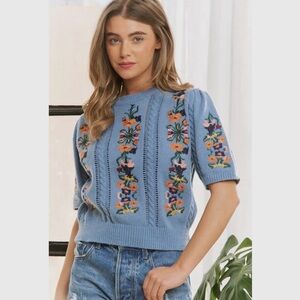 Blue Knit Sweater with Floral Embroidery